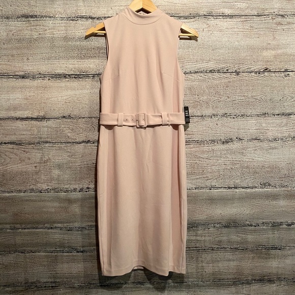 Express Belted Mock Neck Sheath Dress Truffle Pink - Picture 3 of 11